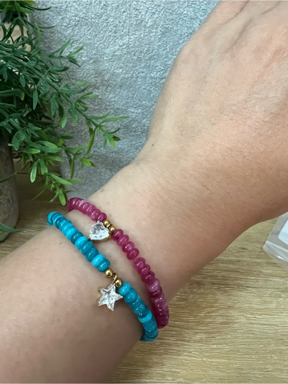 Beaded Heart & Star Charm Bracelet Set - Pink and Turquoise